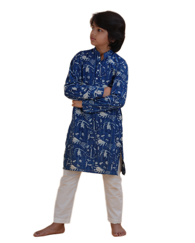 Boys Blue Printed Cotton Kurta Pajama Set | Ethnic Wear for Kids | Festive & Wedding Outfit