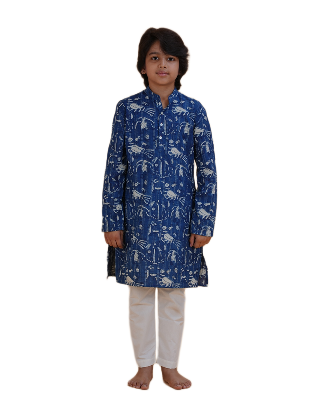 Boys Blue Printed Cotton Kurta Pajama Set | Ethnic Wear for Kids | Festive & Wedding Outfit