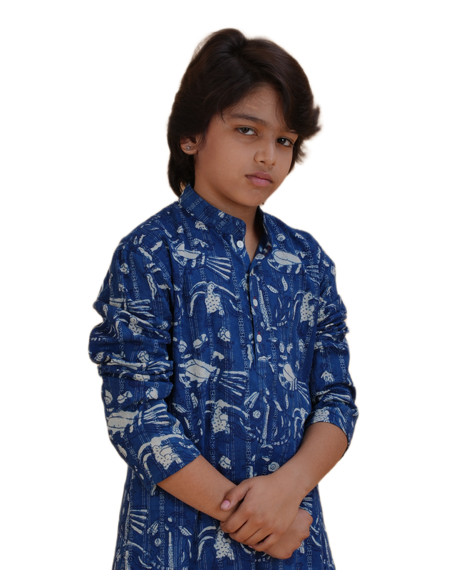 Boys Blue Printed Cotton Kurta Pajama Set | Ethnic Wear for Kids | Festive & Wedding Outfit