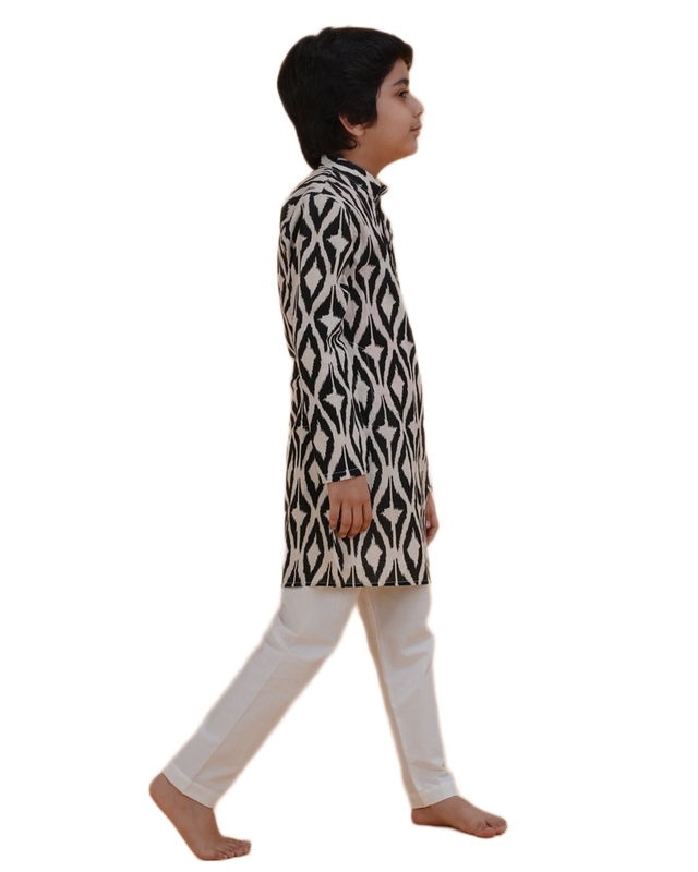 Boys Printed Black and White Kurta Pajama Set | Festive & Wedding Ethnic Wear for Kids | Cotton Outfit