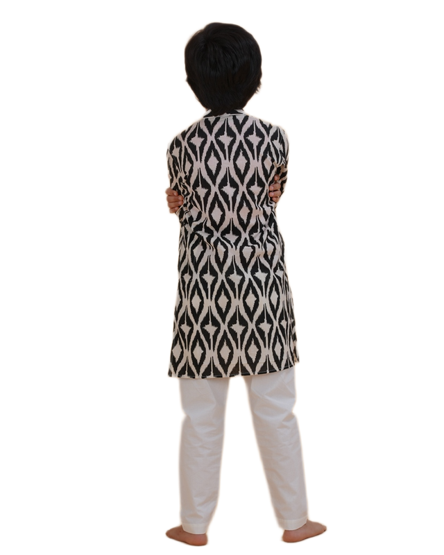 Boys Printed Black and White Kurta Pajama Set | Festive & Wedding Ethnic Wear for Kids | Cotton Outfit