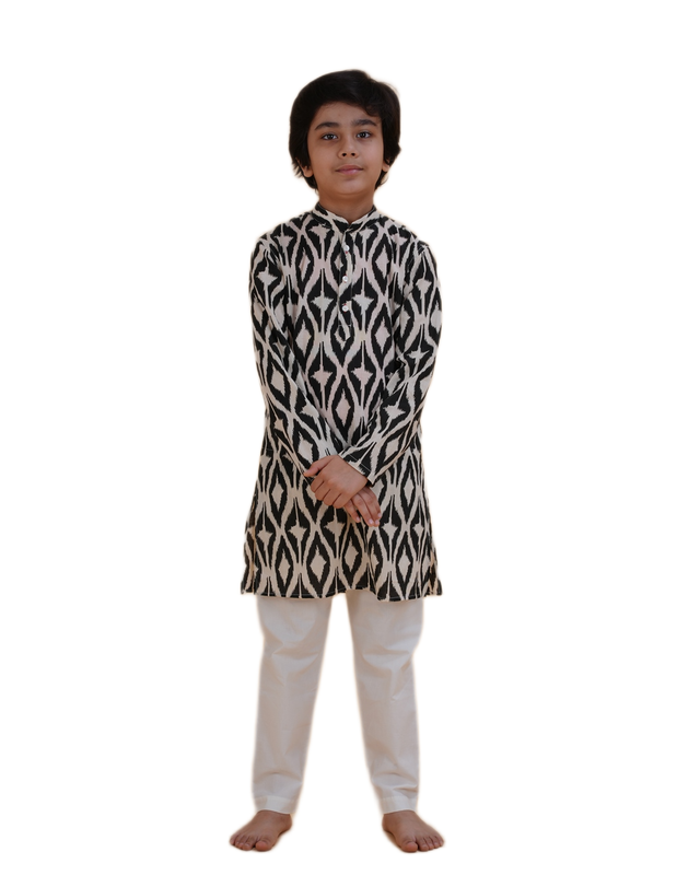 Boys Printed Black and White Kurta Pajama Set | Festive & Wedding Ethnic Wear for Kids | Cotton Outfit