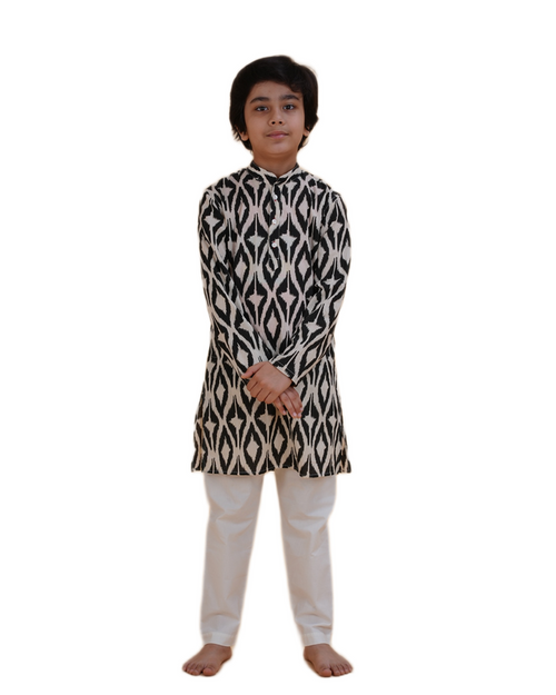 Boys Printed Black and White Kurta Pajama Set | Festive & Wedding Ethnic Wear for Kids | Cotton Outfit