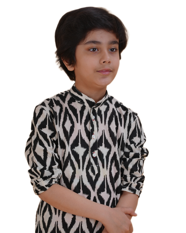Boys Printed Black and White Kurta Pajama Set | Festive & Wedding Ethnic Wear for Kids | Cotton Outfit