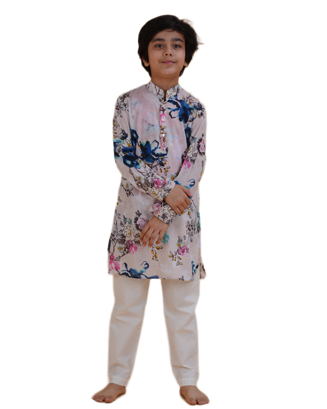 Boys Floral Printed Cream Kurta Pajama Set | Festive & Wedding Ethnic Wear for Kids | Cotton Outfit