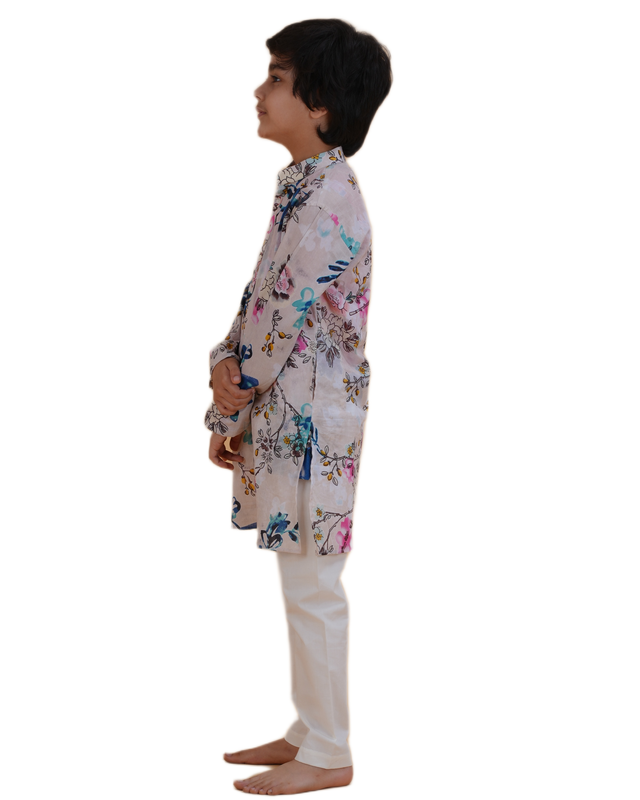 Boys Floral Printed Cream Kurta Pajama Set | Festive & Wedding Ethnic Wear for Kids | Cotton Outfit