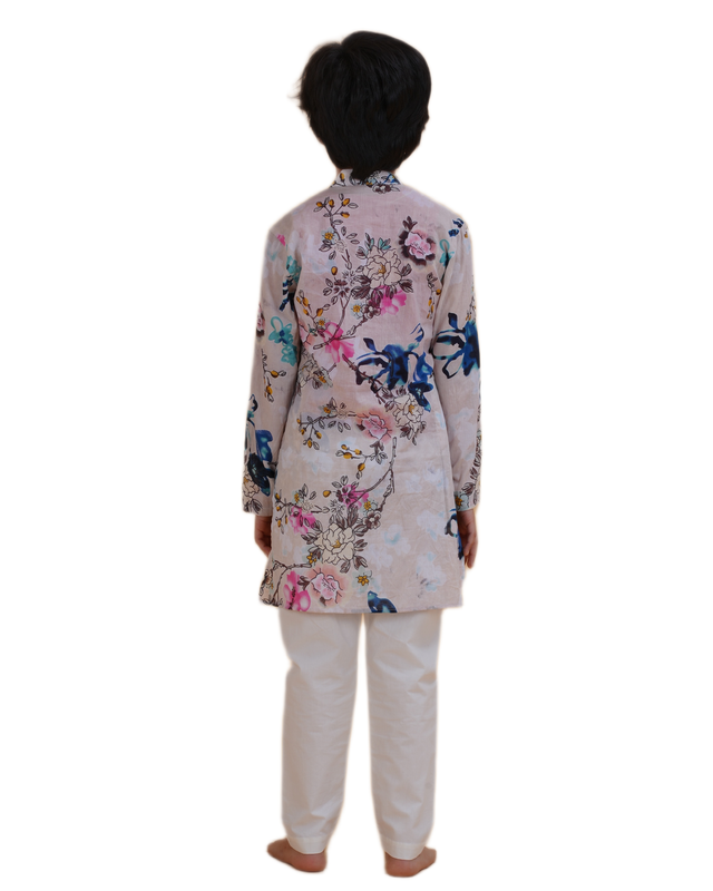 Boys Floral Printed Cream Kurta Pajama Set | Festive & Wedding Ethnic Wear for Kids | Cotton Outfit