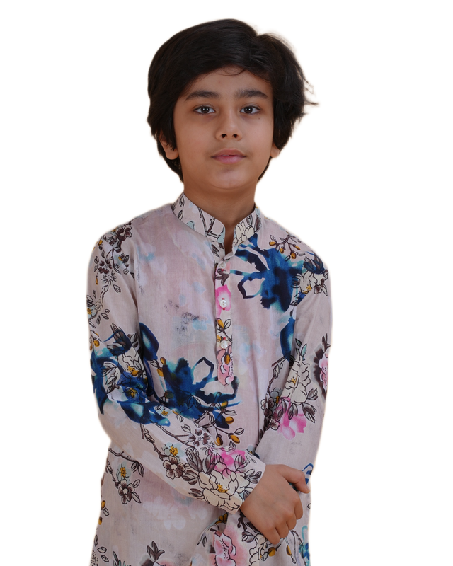 Boys Floral Printed Cream Kurta Pajama Set | Festive & Wedding Ethnic Wear for Kids | Cotton Outfit