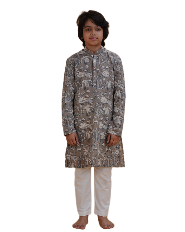 Boys Grey Handblock Printed Cotton Kurta Pajama Set | Kids Ethnic Wear for Weddings & Festivals