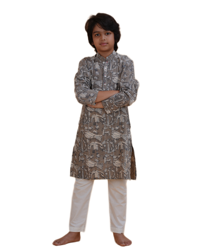 Boys Grey Handblock Printed Cotton Kurta Pajama Set | Kids Ethnic Wear for Weddings & Festivals