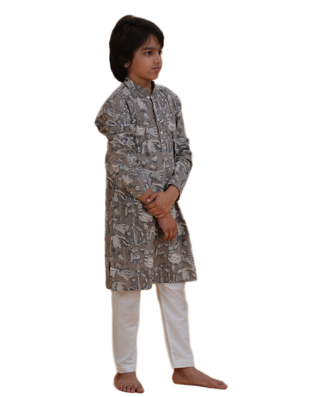 Boys Grey Handblock Printed Cotton Kurta Pajama Set | Kids Ethnic Wear for Weddings & Festivals