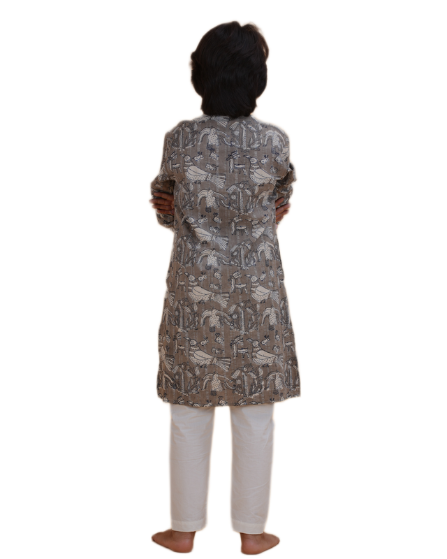 Boys Grey Handblock Printed Cotton Kurta Pajama Set | Kids Ethnic Wear for Weddings & Festivals