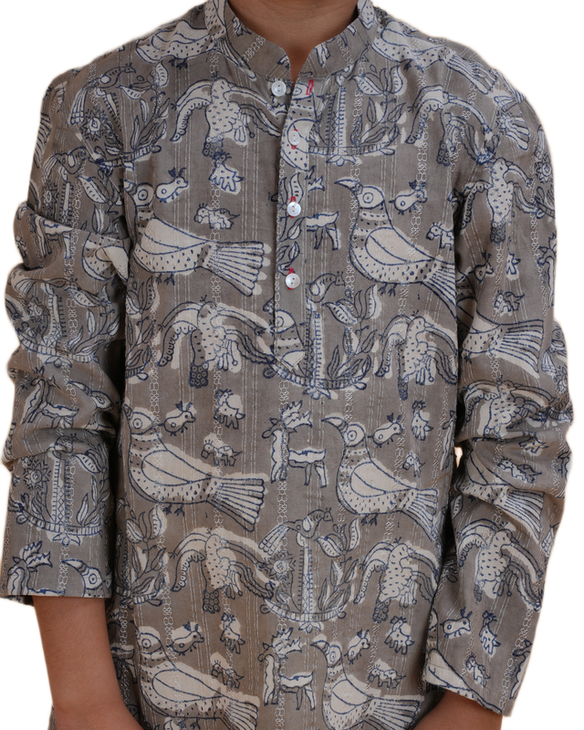 Boys Grey Handblock Printed Cotton Kurta Pajama Set | Kids Ethnic Wear for Weddings & Festivals