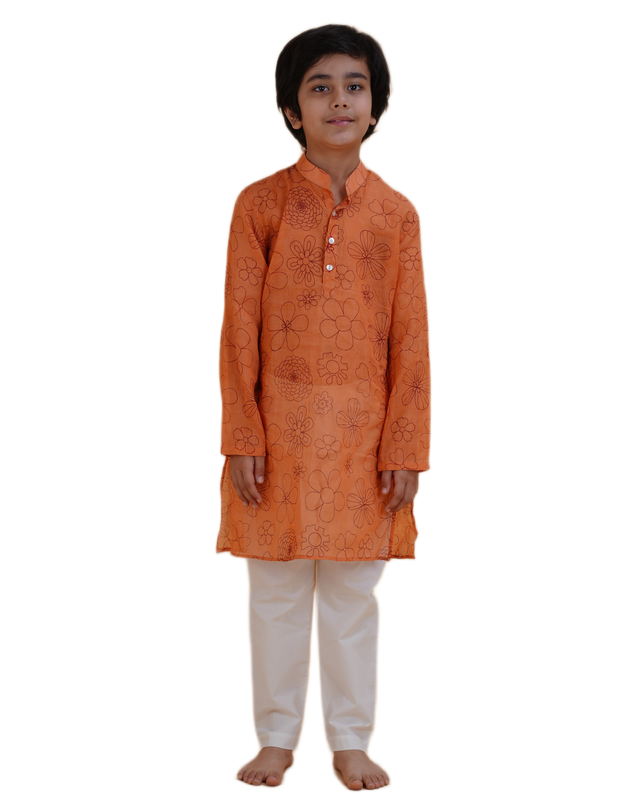 Boys Orange Floral Printed Cotton Kurta Pajama Set | Kids Ethnic Wear for Festivals & Weddings
