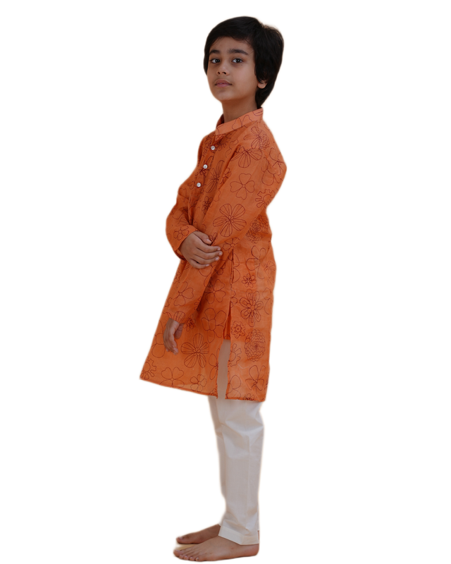 Boys Orange Floral Printed Cotton Kurta Pajama Set | Kids Ethnic Wear for Festivals & Weddings