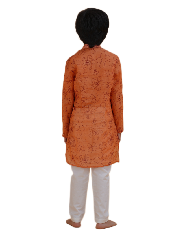 Boys Orange Floral Printed Cotton Kurta Pajama Set | Kids Ethnic Wear for Festivals & Weddings