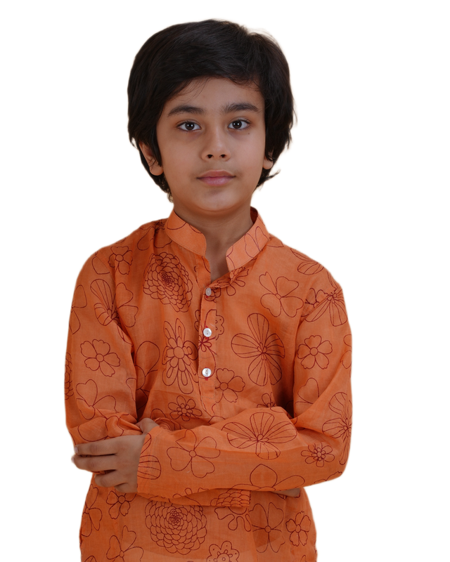 Boys Orange Floral Printed Cotton Kurta Pajama Set | Kids Ethnic Wear for Festivals & Weddings