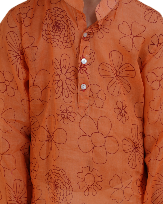 Boys Orange Floral Printed Cotton Kurta Pajama Set | Kids Ethnic Wear for Festivals & Weddings