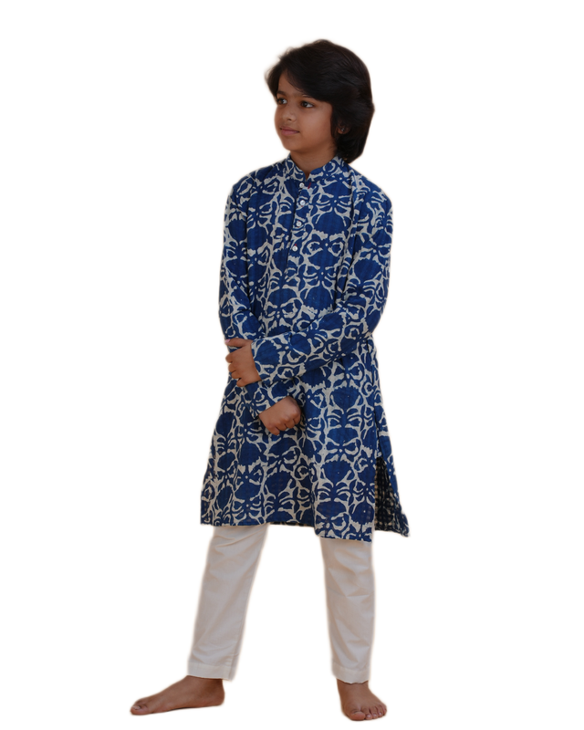 Boys Indigo Blue Handblock Printed Kurta Pajama Set | Cotton Kids Ethnic Wear for Festivals & Weddings