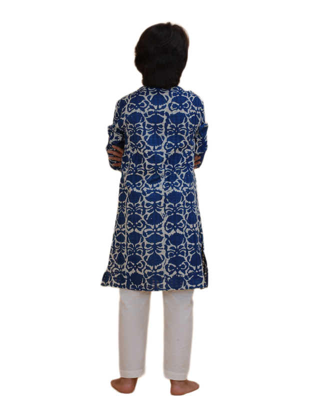 Boys Indigo Blue Handblock Printed Kurta Pajama Set | Cotton Kids Ethnic Wear for Festivals & Weddings