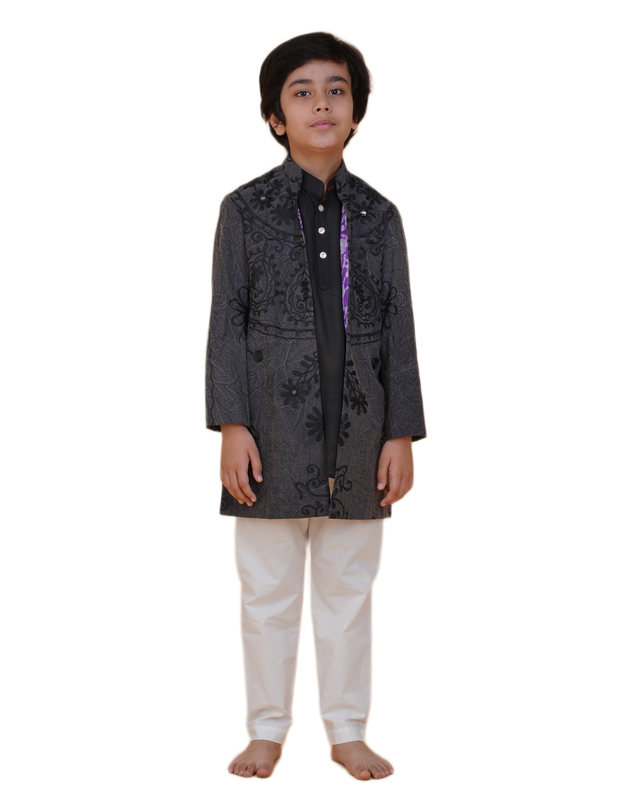 Boys Black Kurta Pajama and white Pajama with Grey Embroidered Jacket | Kids Festive & Wedding Ethnic Wear Set