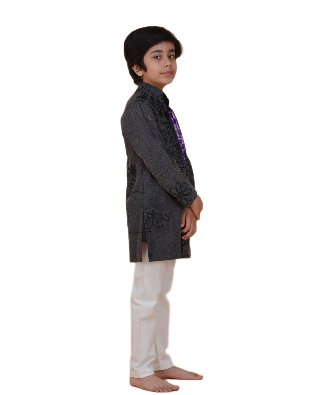 Boys Black Kurta Pajama and white Pajama with Grey Embroidered Jacket | Kids Festive & Wedding Ethnic Wear Set