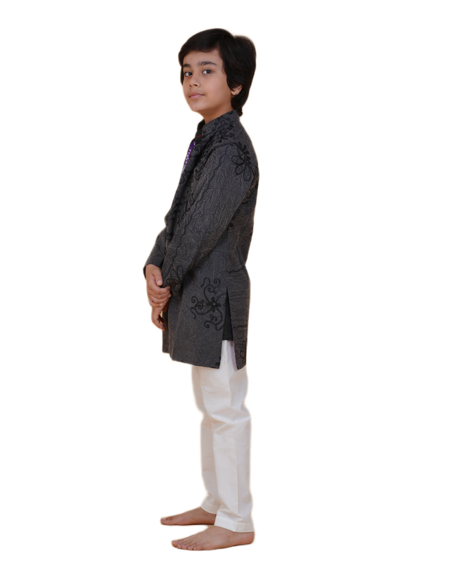 Boys Black Kurta Pajama and white Pajama with Grey Embroidered Jacket | Kids Festive & Wedding Ethnic Wear Set