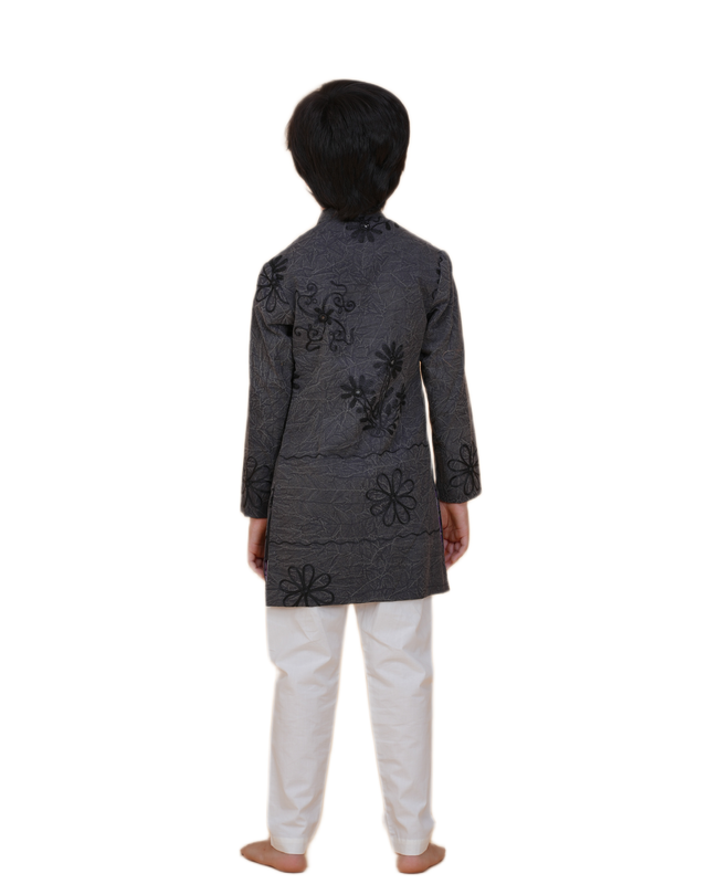 Boys Black Kurta Pajama and white Pajama with Grey Embroidered Jacket | Kids Festive & Wedding Ethnic Wear Set