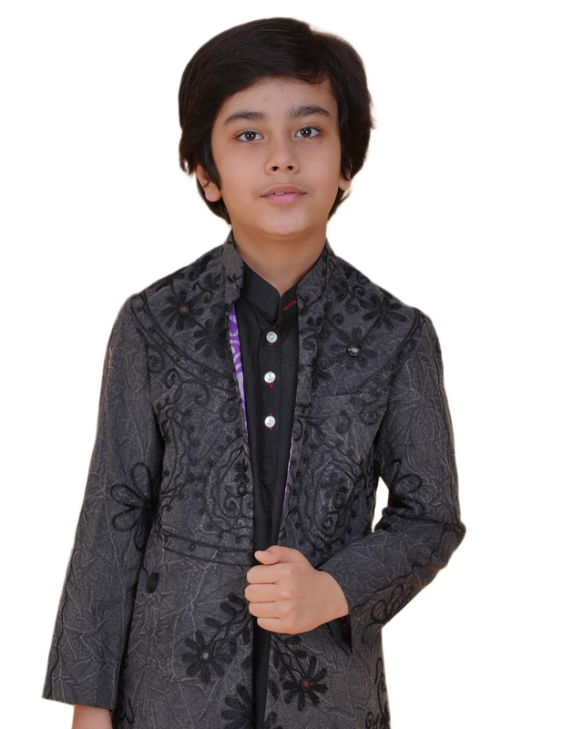 Boys Black Kurta Pajama and white Pajama with Grey Embroidered Jacket | Kids Festive & Wedding Ethnic Wear Set
