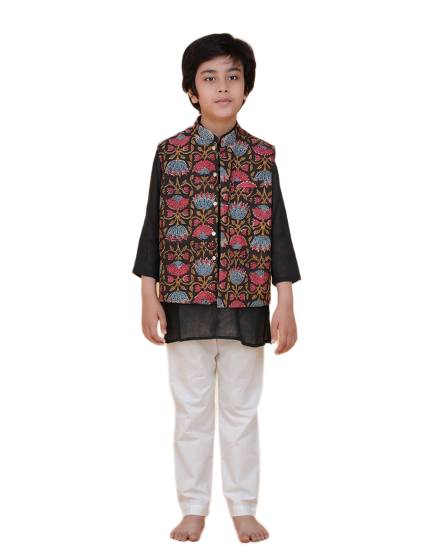 Boys Ethnic Outfit Set – Black Kurta, White Pajama & Multicolor Printed Nehru Jacket Festive Wear for Boys