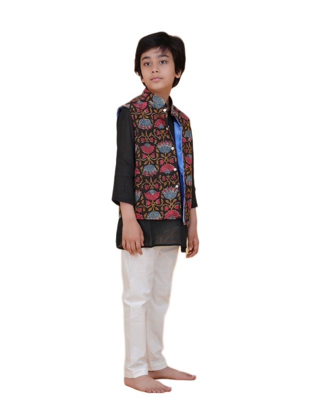 Boys Ethnic Outfit Set – Black Kurta, White Pajama & Multicolor Printed Nehru Jacket Festive Wear for Boys