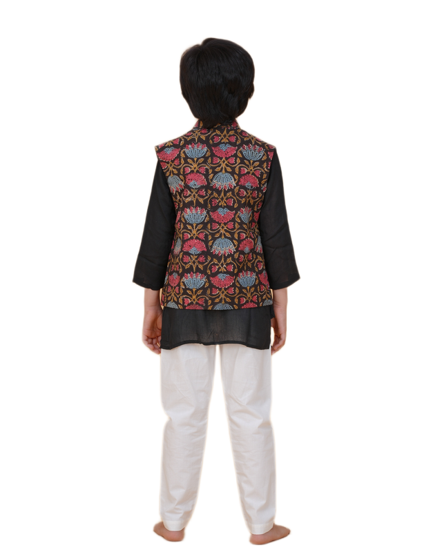 Boys Ethnic Outfit Set – Black Kurta, White Pajama & Multicolor Printed Nehru Jacket Festive Wear for Boys