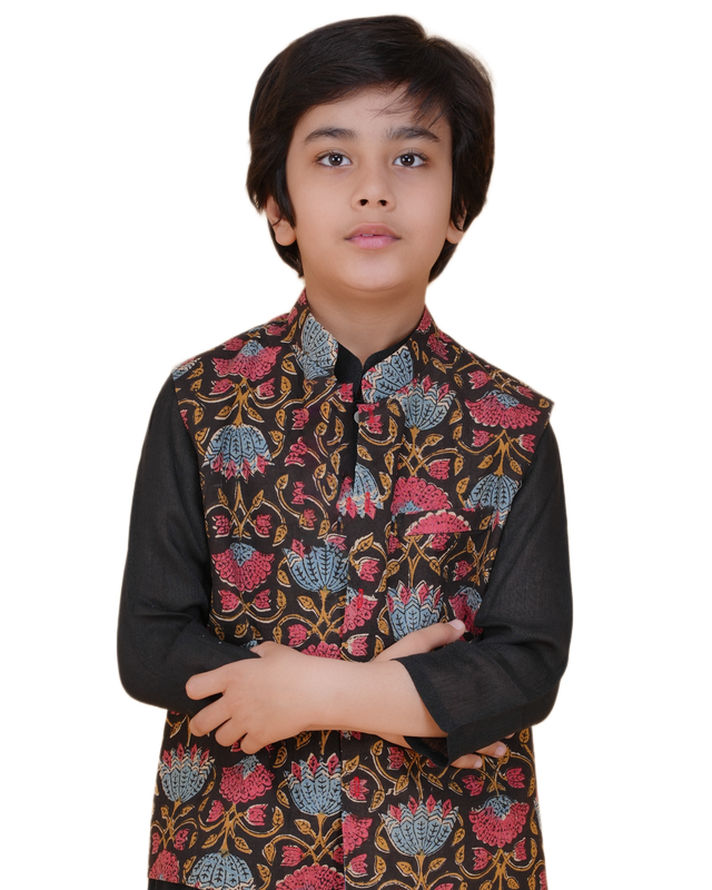 Boys Ethnic Outfit Set – Black Kurta, White Pajama & Multicolor Printed Nehru Jacket Festive Wear for Boys