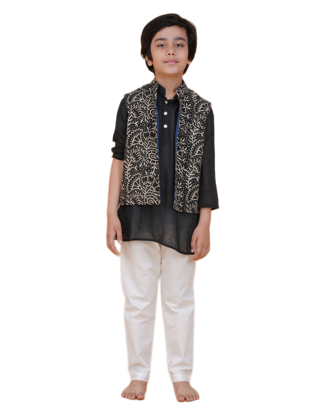 Boys Ethnic Kurta Pajama & Printed Nehru Jacket Set – Black Kurta, White Pajama, Black & White Jacket Traditional Festive Wear