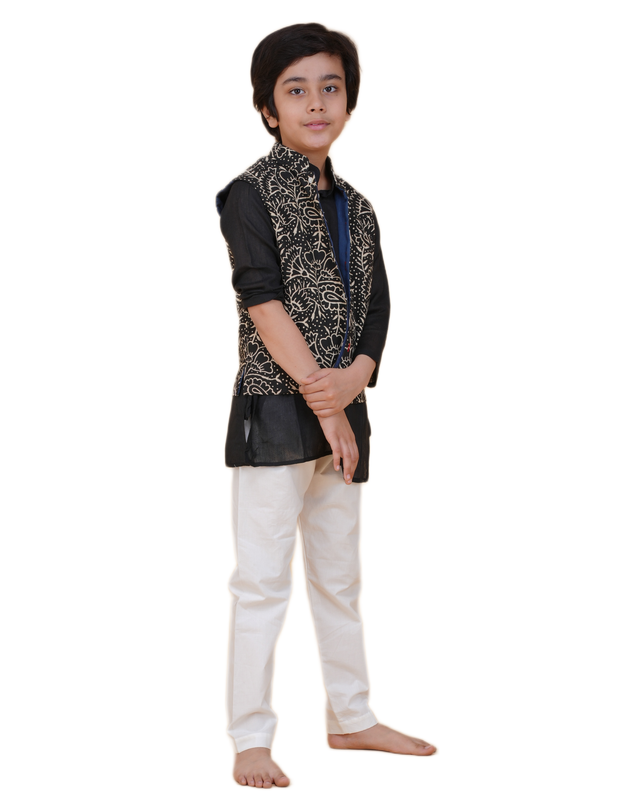 Boys Ethnic Kurta Pajama & Printed Nehru Jacket Set – Black Kurta, White Pajama, Black & White Jacket Traditional Festive Wear