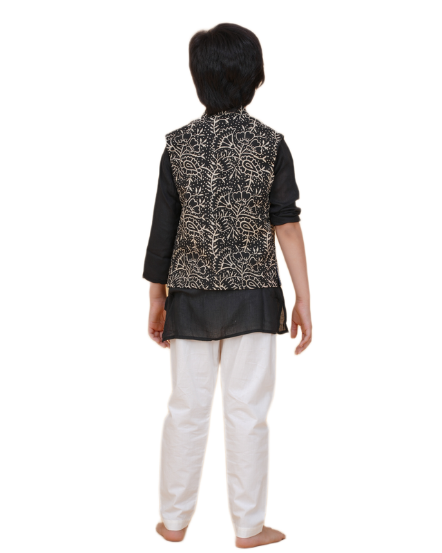Boys Ethnic Kurta Pajama & Printed Nehru Jacket Set – Black Kurta, White Pajama, Black & White Jacket Traditional Festive Wear