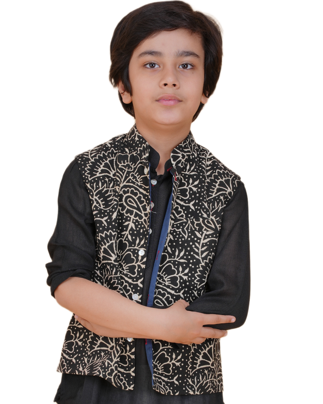 Boys Ethnic Kurta Pajama & Printed Nehru Jacket Set – Black Kurta, White Pajama, Black & White Jacket Traditional Festive Wear
