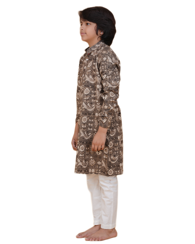 Boys Grey Handblock Printed Cotton Kurta Pajama Set | Kids Ethnic Wear for Weddings & Festivals