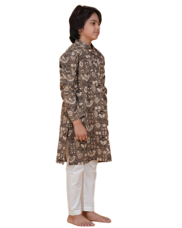 Boys Grey Handblock Printed Cotton Kurta Pajama Set | Kids Ethnic Wear for Weddings & Festivals