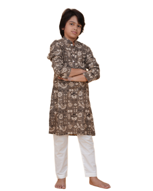 Boys Grey Handblock Printed Cotton Kurta Pajama Set | Kids Ethnic Wear for Weddings & Festivals