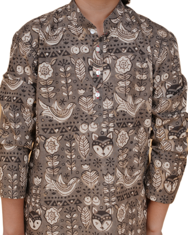 Boys Grey Handblock Printed Cotton Kurta Pajama Set | Kids Ethnic Wear for Weddings & Festivals