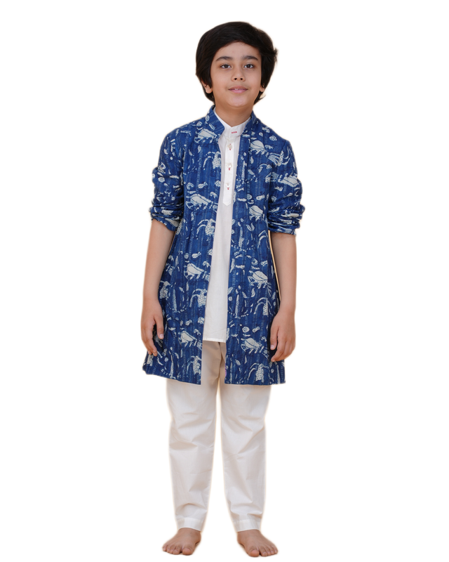 Boys White Kurta Pajama with Eco-Friendly Indigo Long Jacket – Sustainable Ethnic Wear