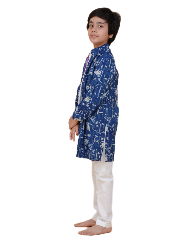Boys White Kurta Pajama with Eco-Friendly Indigo Long Jacket – Sustainable Ethnic Wear
