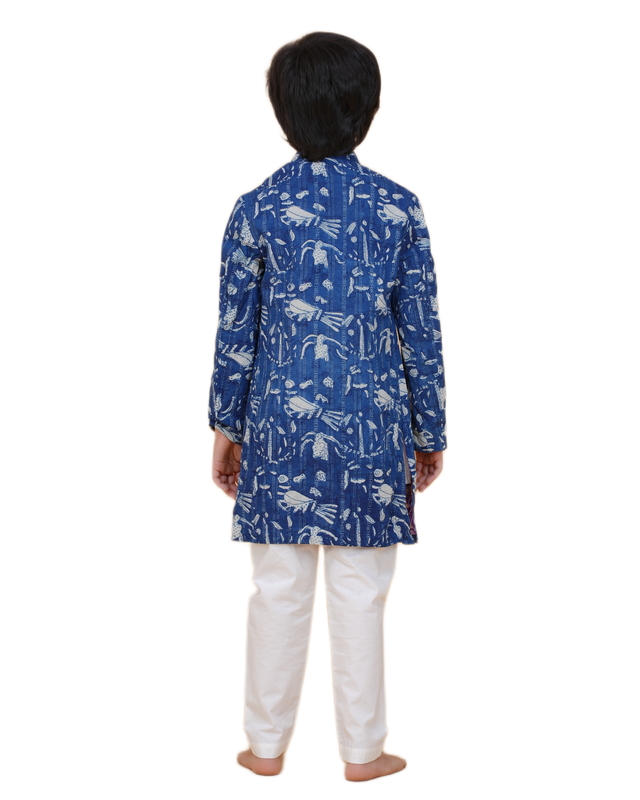 Boys White Kurta Pajama with Eco-Friendly Indigo Long Jacket – Sustainable Ethnic Wear