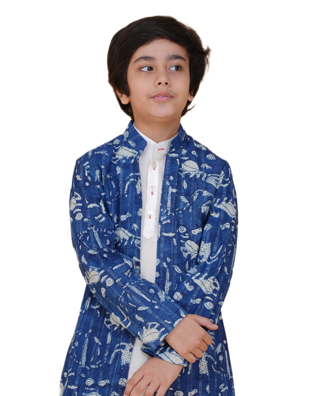 Boys White Kurta Pajama with Eco-Friendly Indigo Long Jacket – Sustainable Ethnic Wear