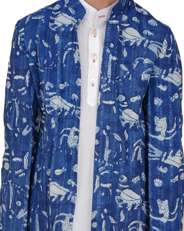Boys White Kurta Pajama with Eco-Friendly Indigo Long Jacket – Sustainable Ethnic Wear