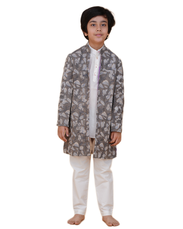 Boys White Kurta Pajama with Eco-Friendly Grey Long Jacket – Sustainable Ethnic Wear