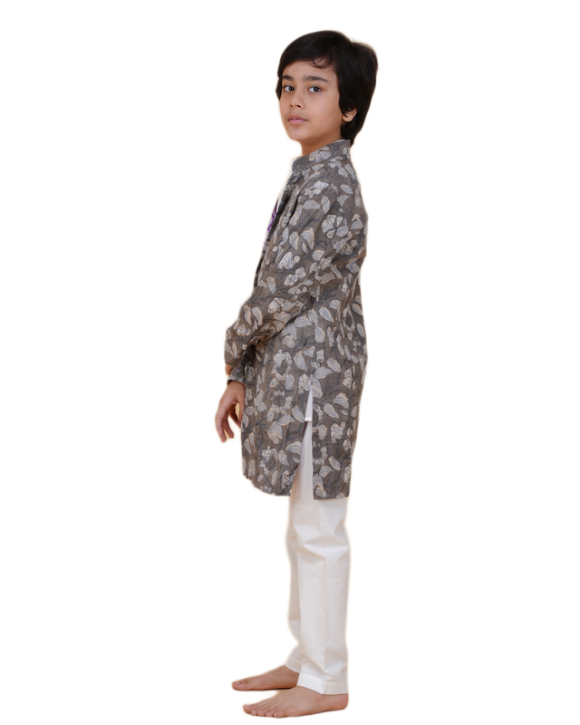 Boys White Kurta Pajama with Eco-Friendly Grey Long Jacket – Sustainable Ethnic Wear