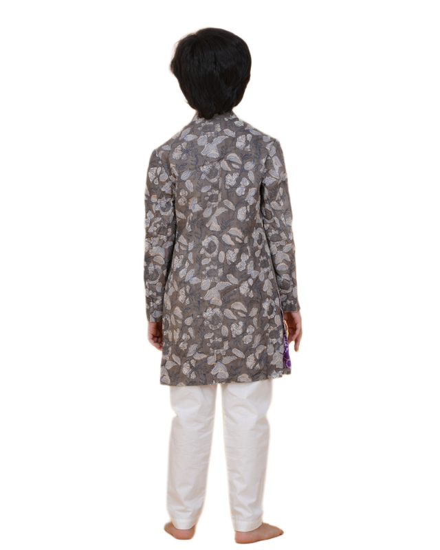 Boys White Kurta Pajama with Eco-Friendly Grey Long Jacket – Sustainable Ethnic Wear