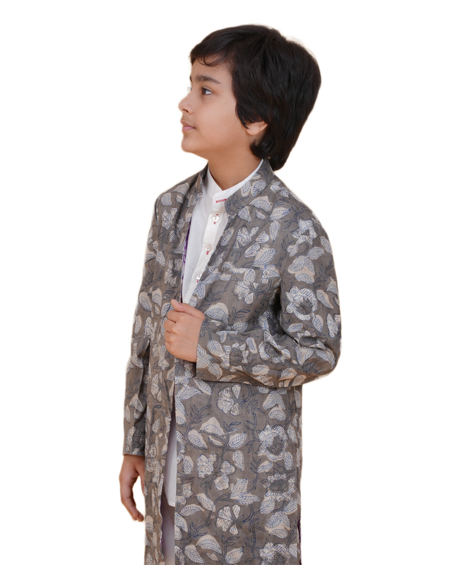 Boys White Kurta Pajama with Eco-Friendly Grey Long Jacket – Sustainable Ethnic Wear